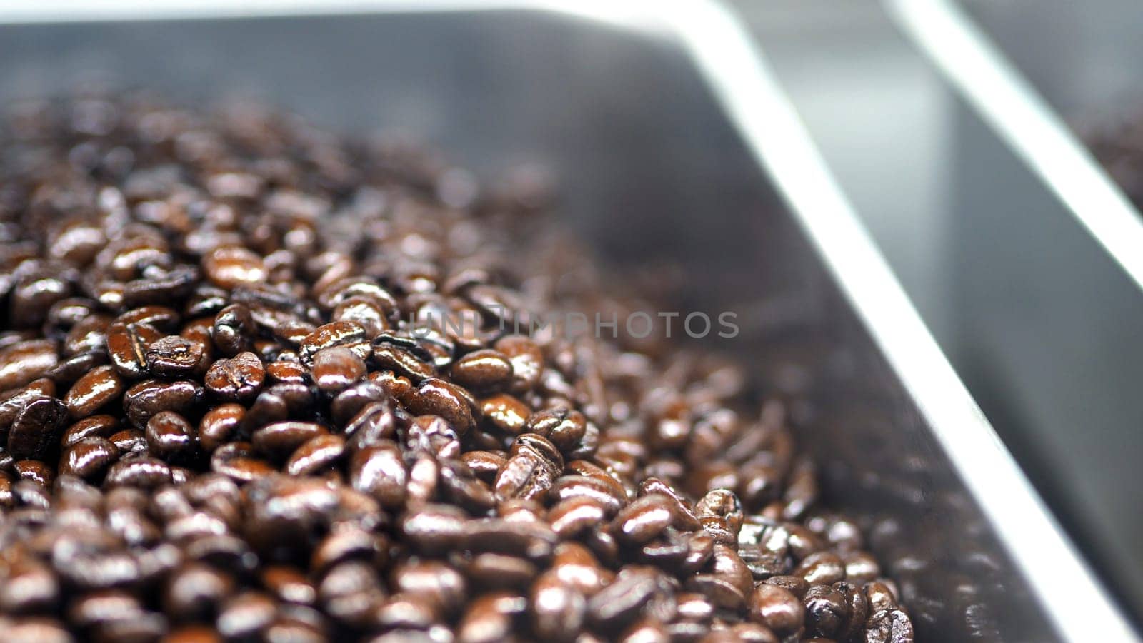 Many coffee beans from excellent source around the World in silver metal tray which special hand made roasted for barista bring a good aroma taste of freshness to their customer.