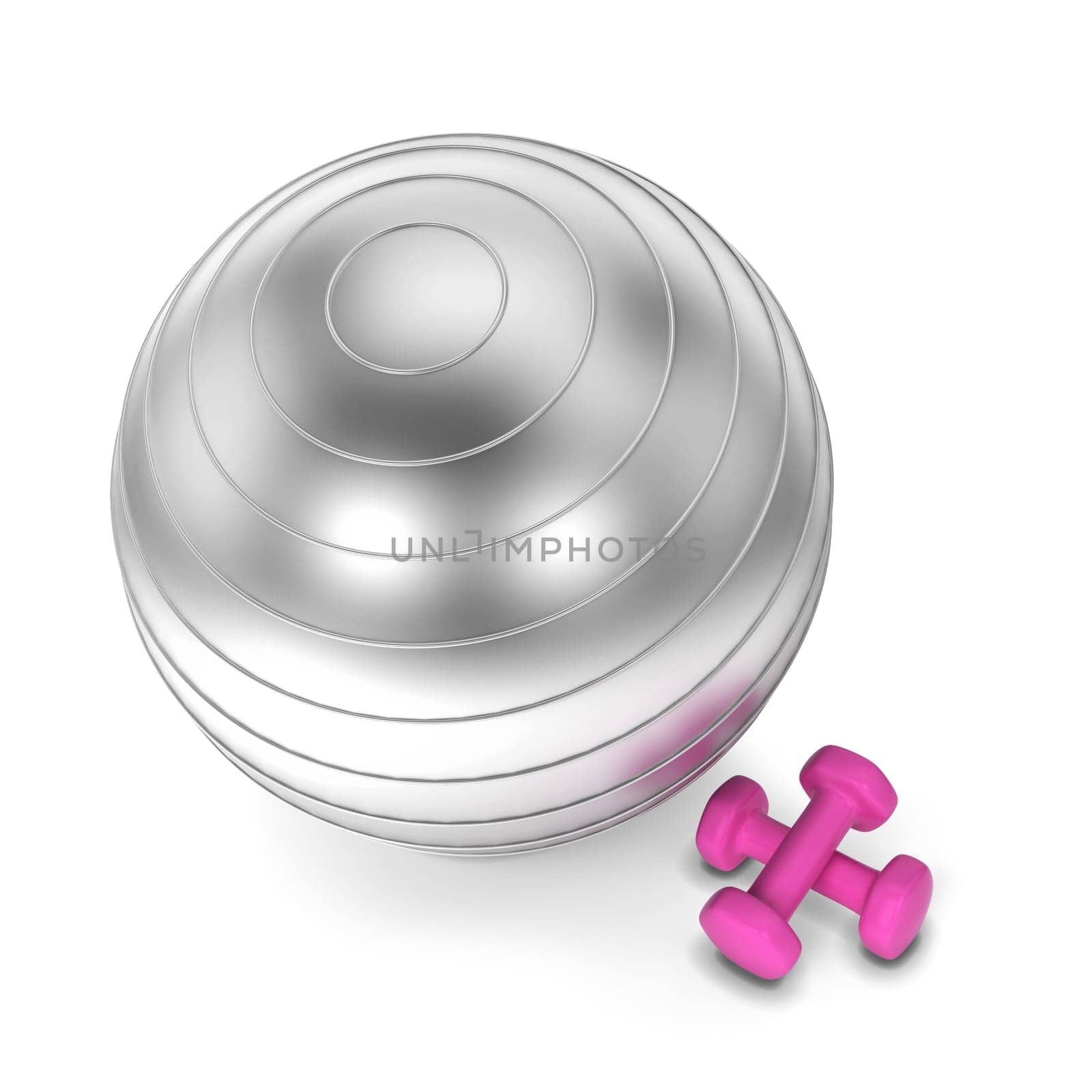 Fitness ball and dumbbell. 3d illustration isolated on white background