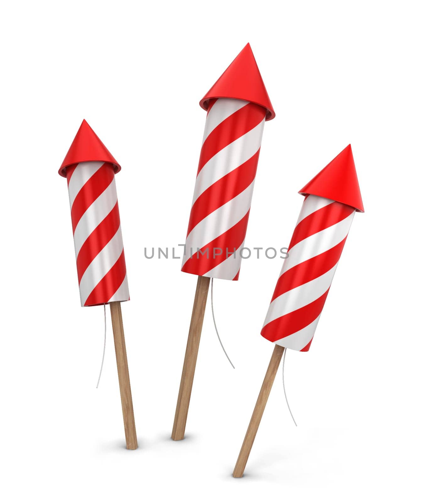 Three fireworks. 3d illustration isolated on white background
