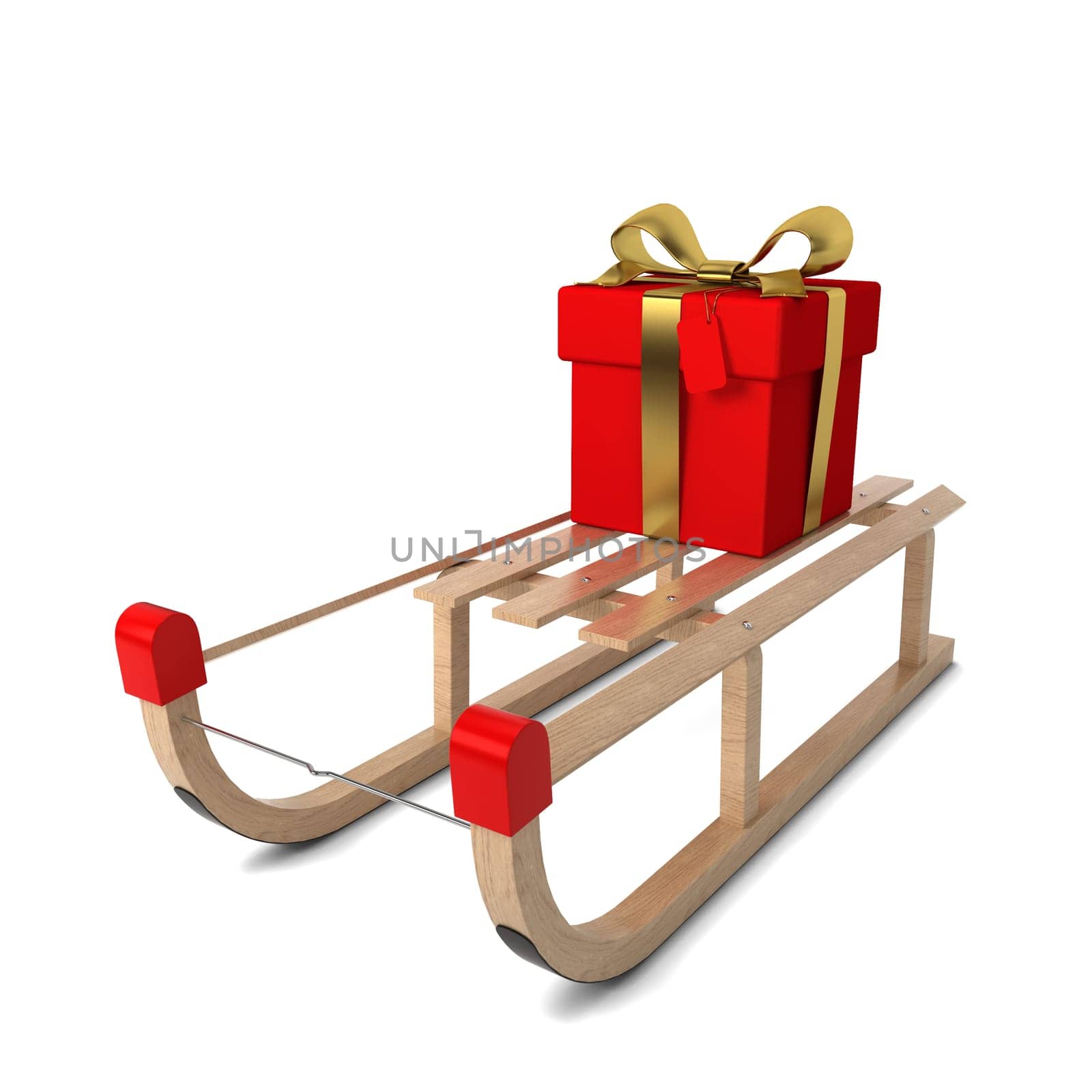 Wooden sledges with gift box. 3d illustration isolated on white background