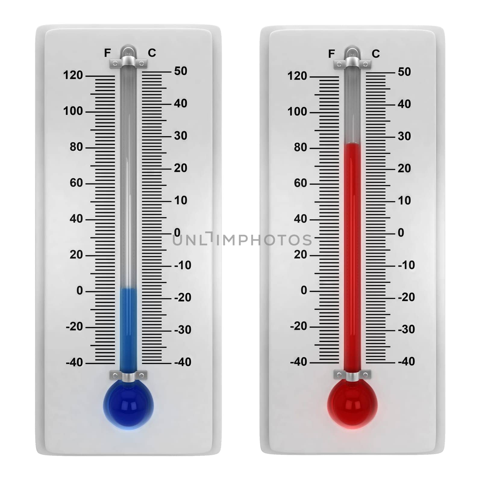 Weather thermometers. 3d illustration isolated on white background