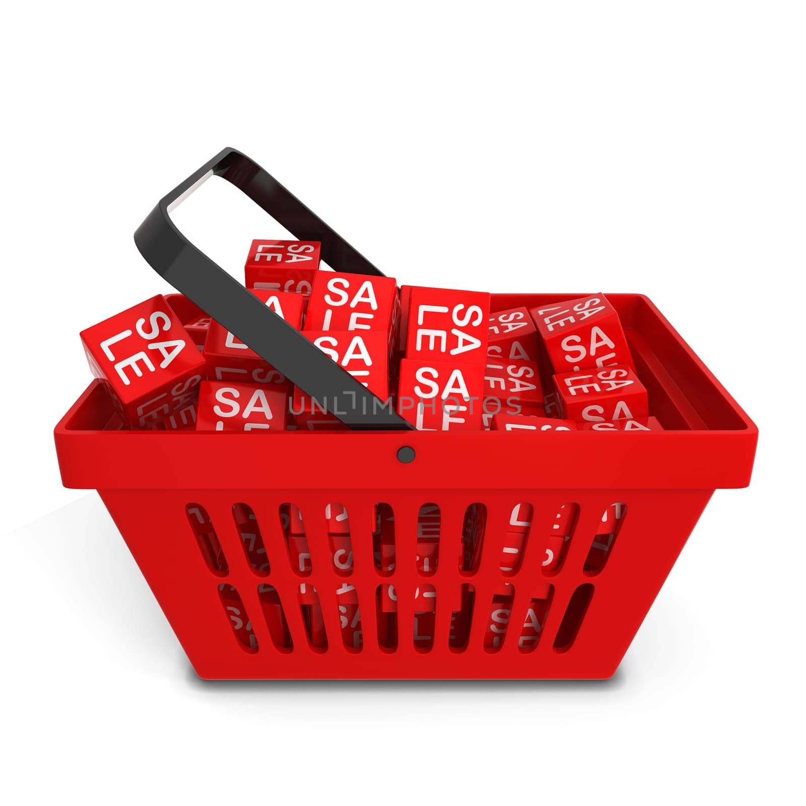 Shopping basket with sale discount boxes. 3d illustration isolated on white background