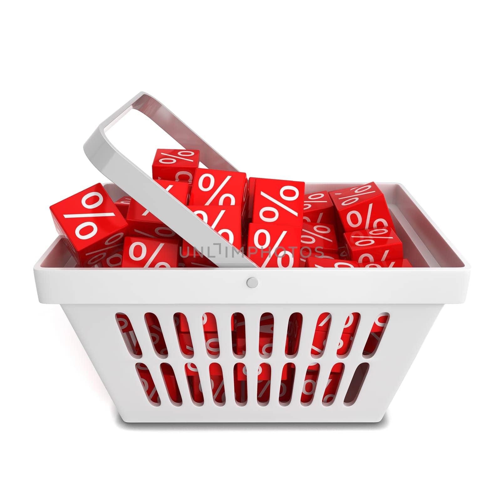 Shopping basket with sale discount boxes. 3d illustration isolated on white background