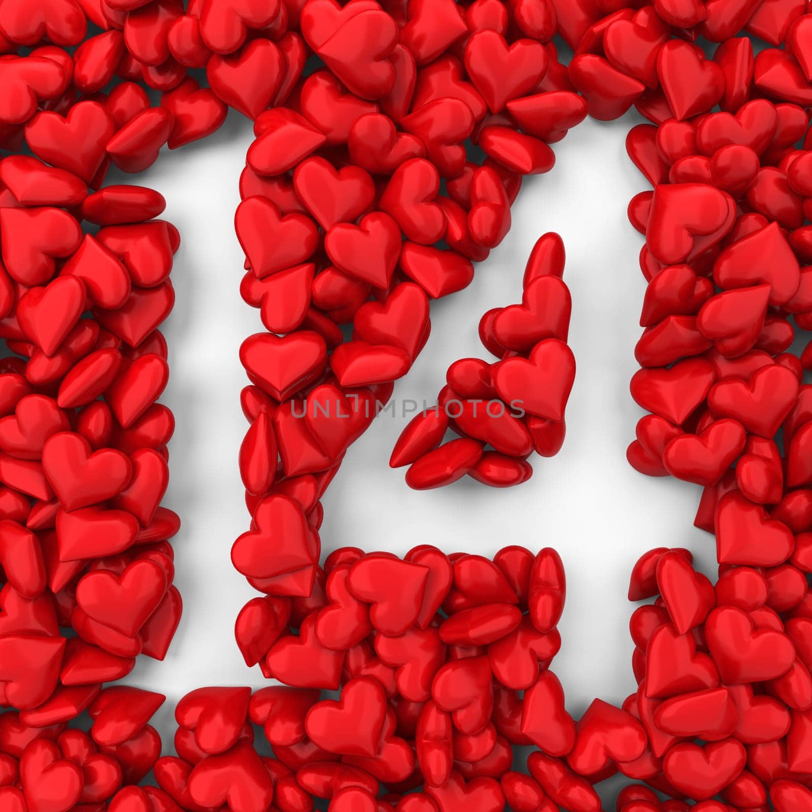 14 made from small hearts. 3d illustration isolated on white background
