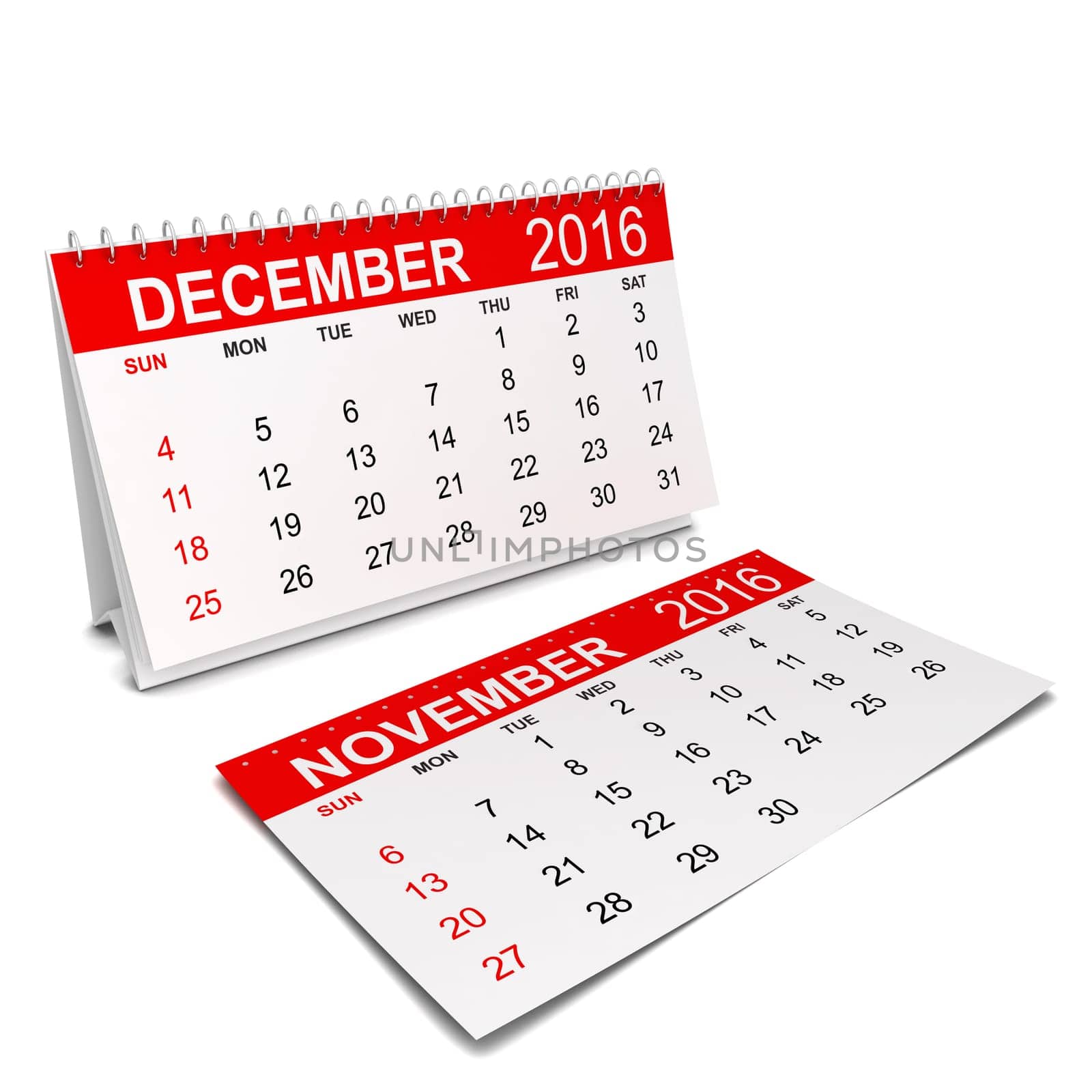 2016 Calendar. Week starts with sunday. 3d illustration isolated on white background