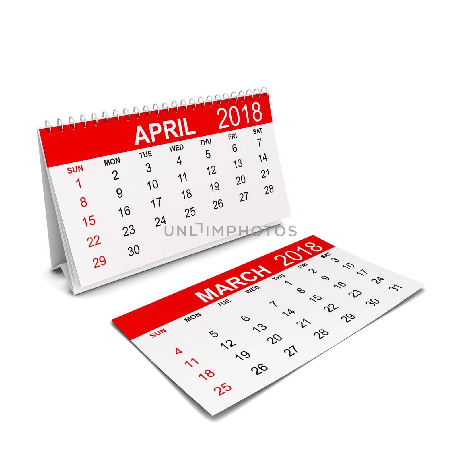2018 year calendar. Week starts with sunday. 3d illustration isolated on white background