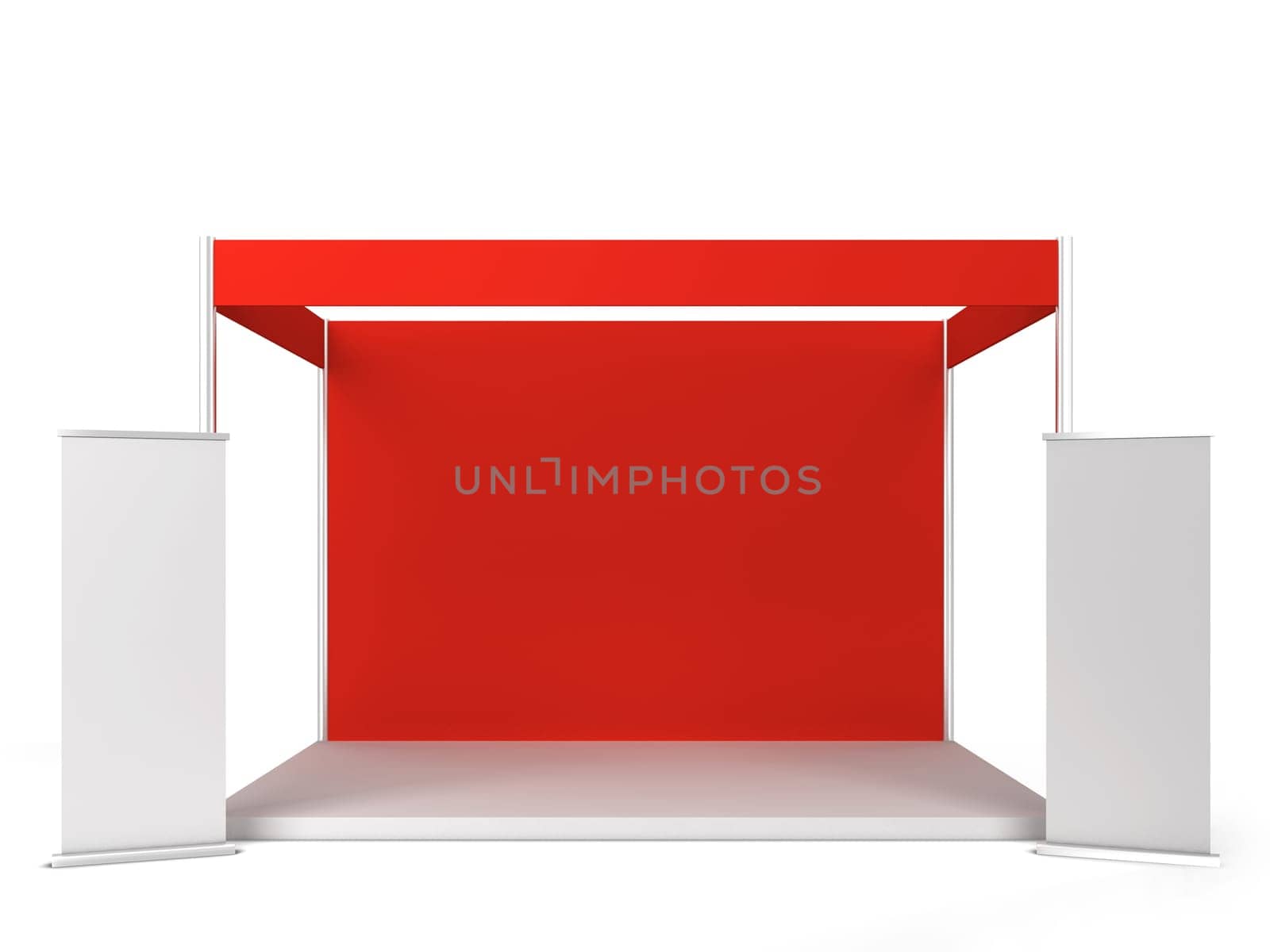 Trade show booth with banner. 3d illustration isolated on white background