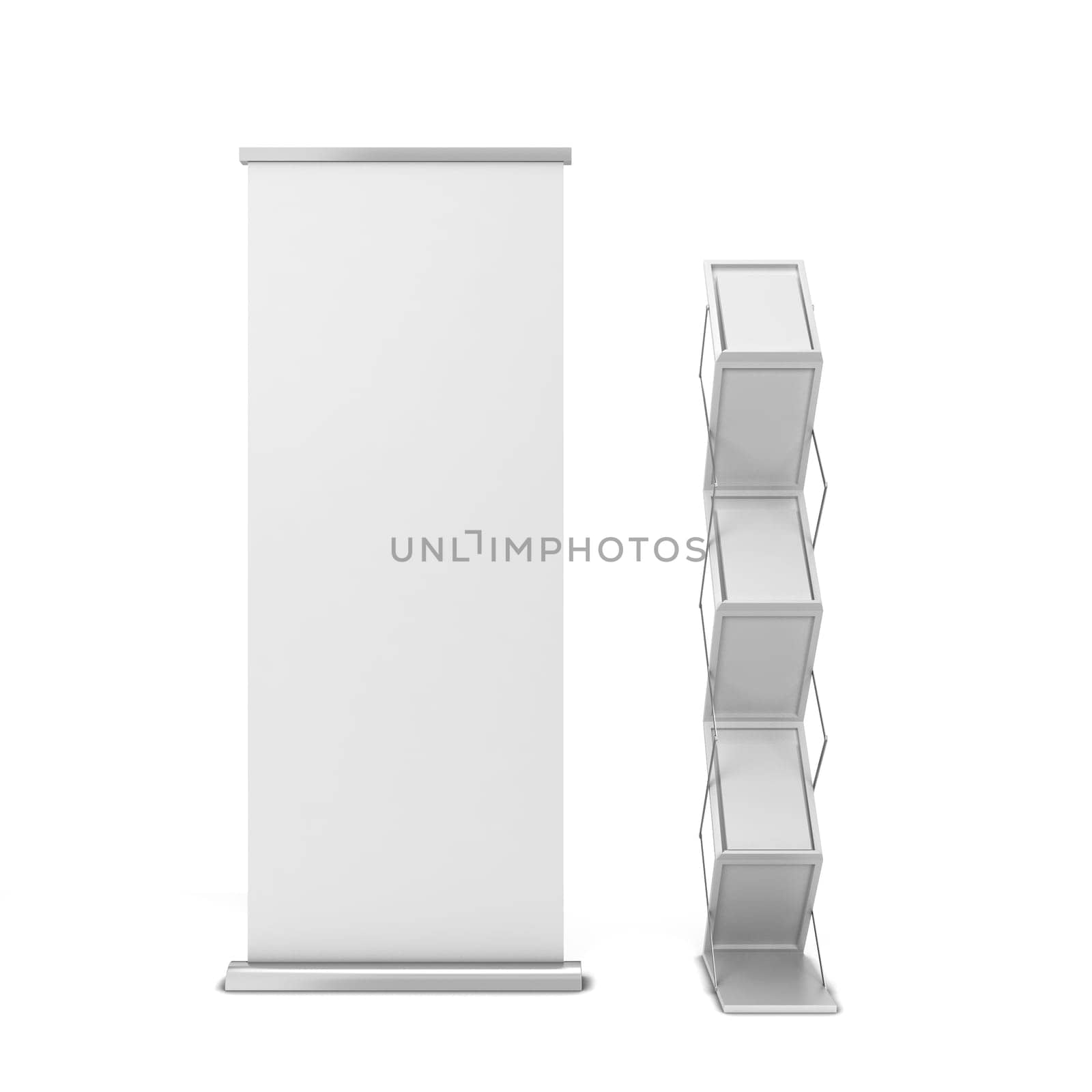 Roll up banner with rack for brochures. 3d illustration isolated on white background