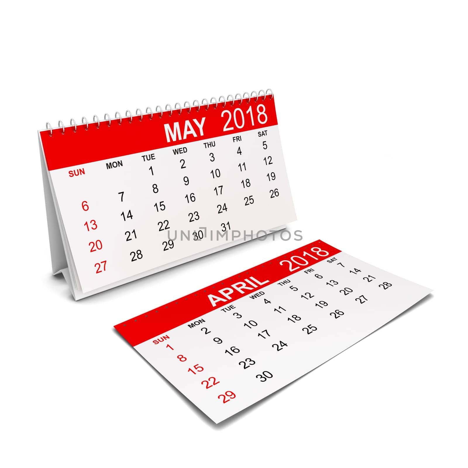 2018 year calendar. Week starts with sunday. 3d illustration isolated on white background