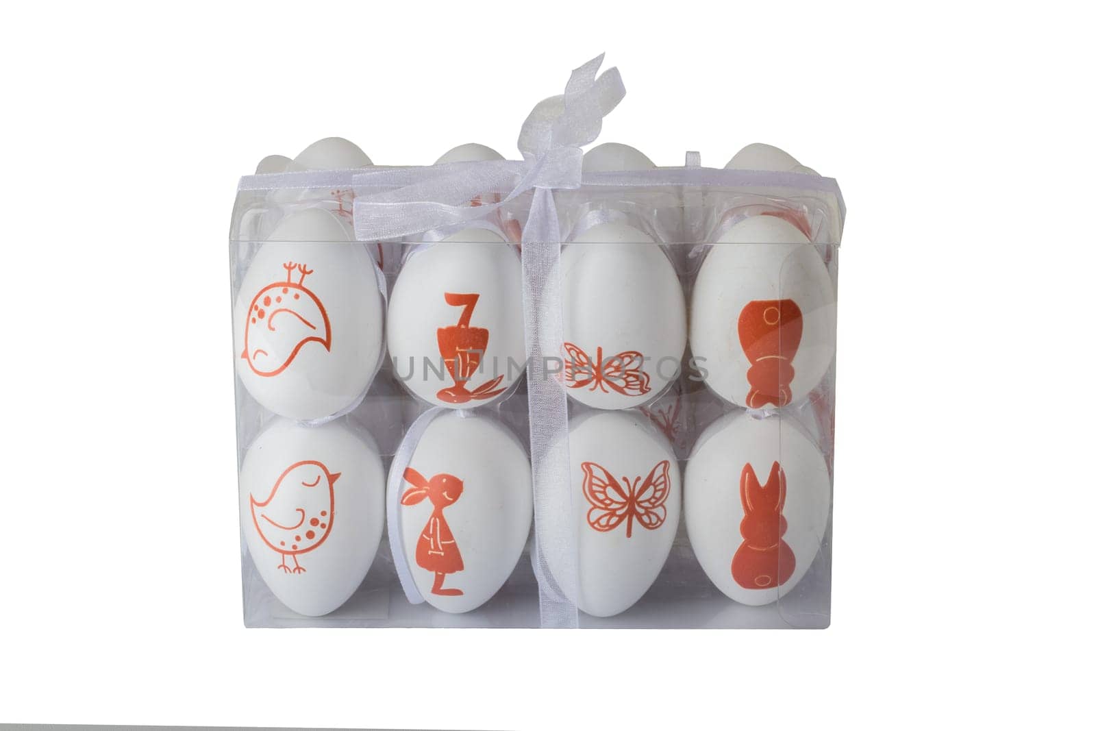 Colorful decorative easter eggs in gift box isolated on white background. Easter holidays.