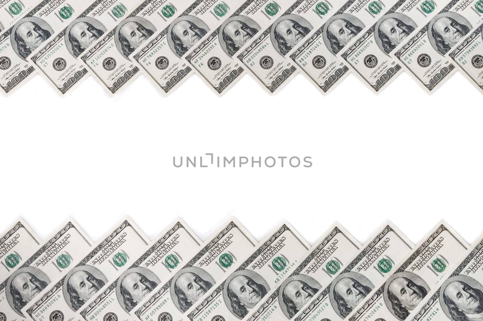 A frame of two rows of bills of one hundred dollars. White background.