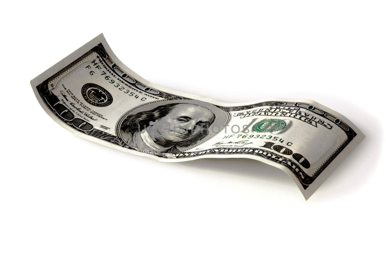 A hundred dollar bill is made up on a white background.