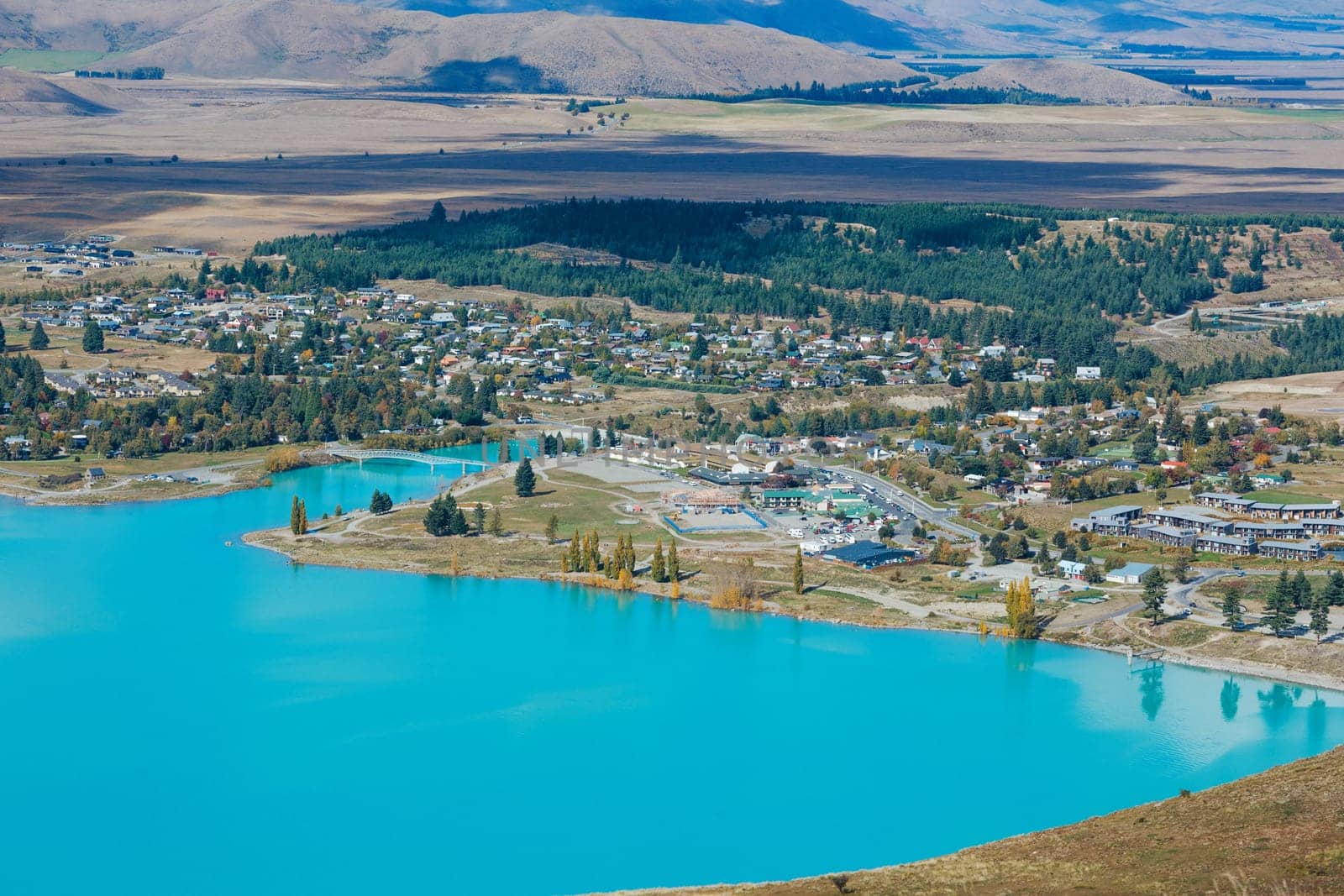 Aerial view of Lake Tekapo from Mount John Observatory in Canterbury, New Zealand