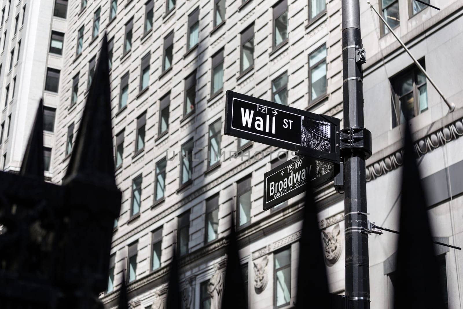Wall St. street sign in lower Manhattan, New York City, USA.