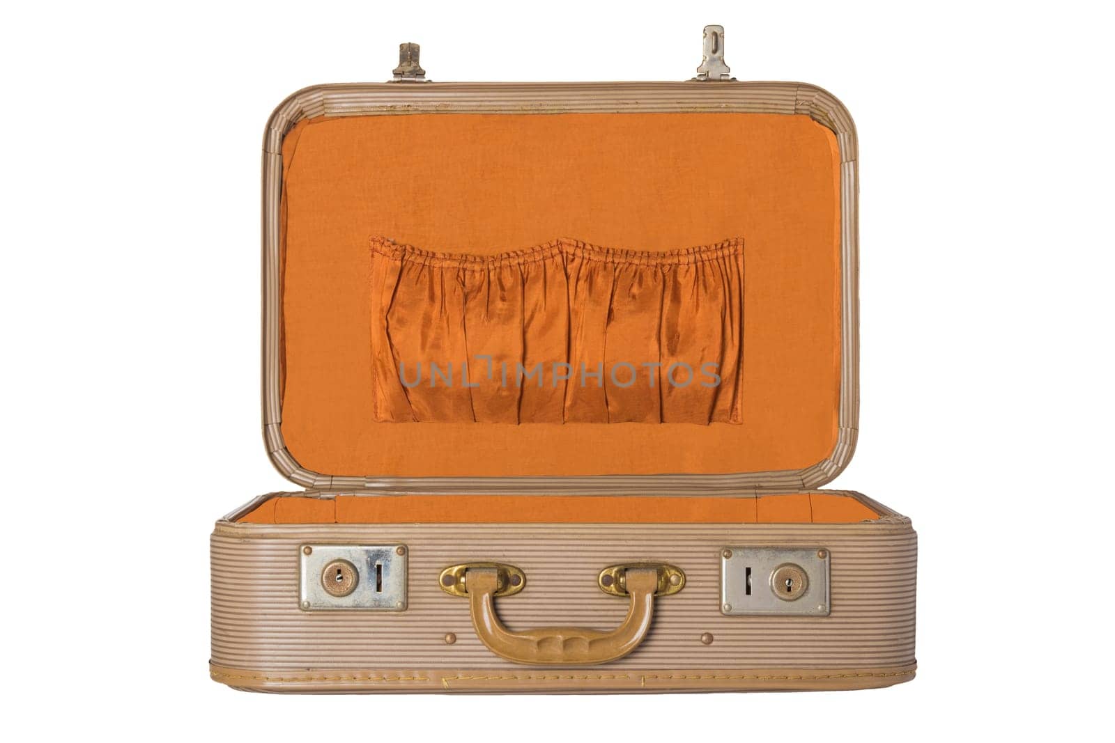 Old vintage suitcase on a white background isolated. Concept travel.
