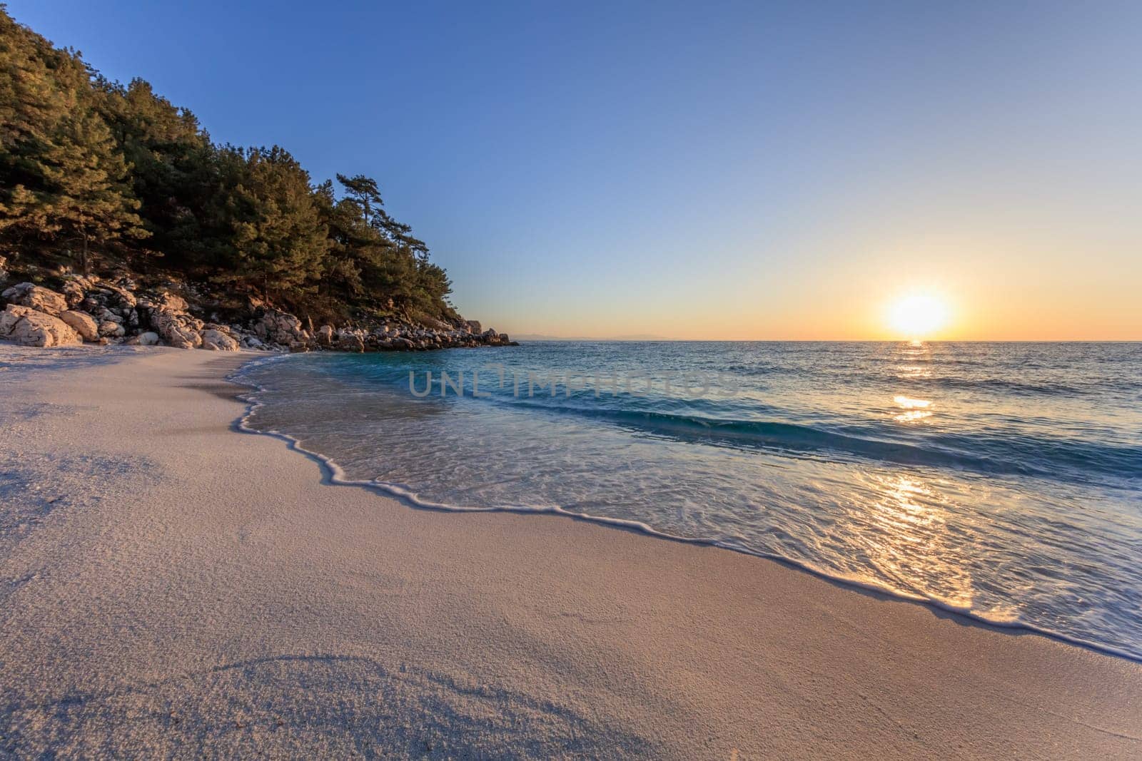 Sunrise in Marble beach (Saliara beach), Thassos Islands, Greece. The most beautiful white beach in Greece