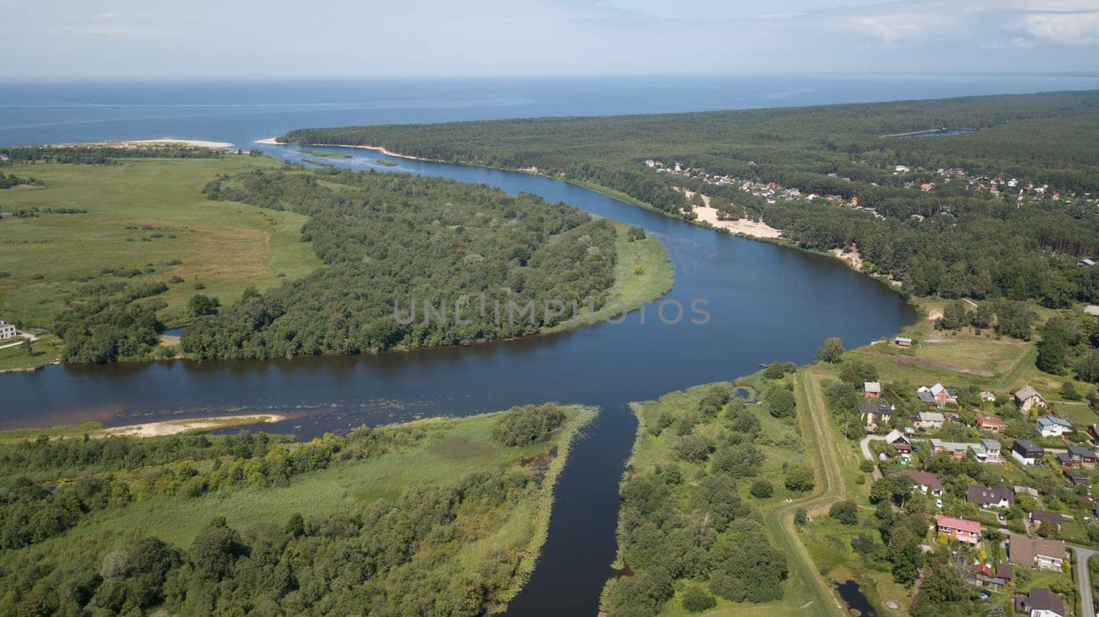 Gauja river Latvia drain into Baltic Sea aerial drone top view
