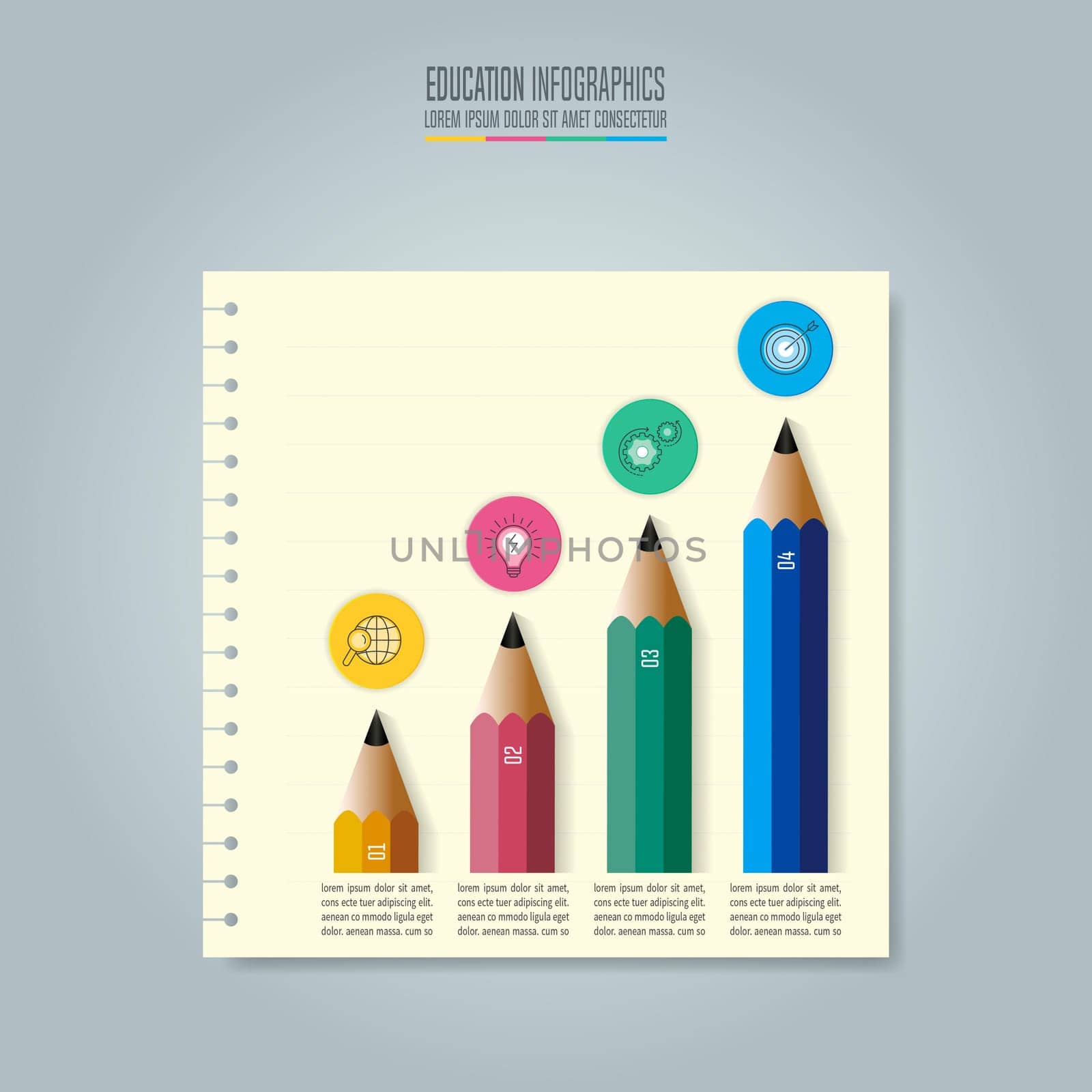 Education infographics template 4 step option. Timeline infographic design vector and marketing icons for presentation, workflow layout, diagram, annual report, web design.