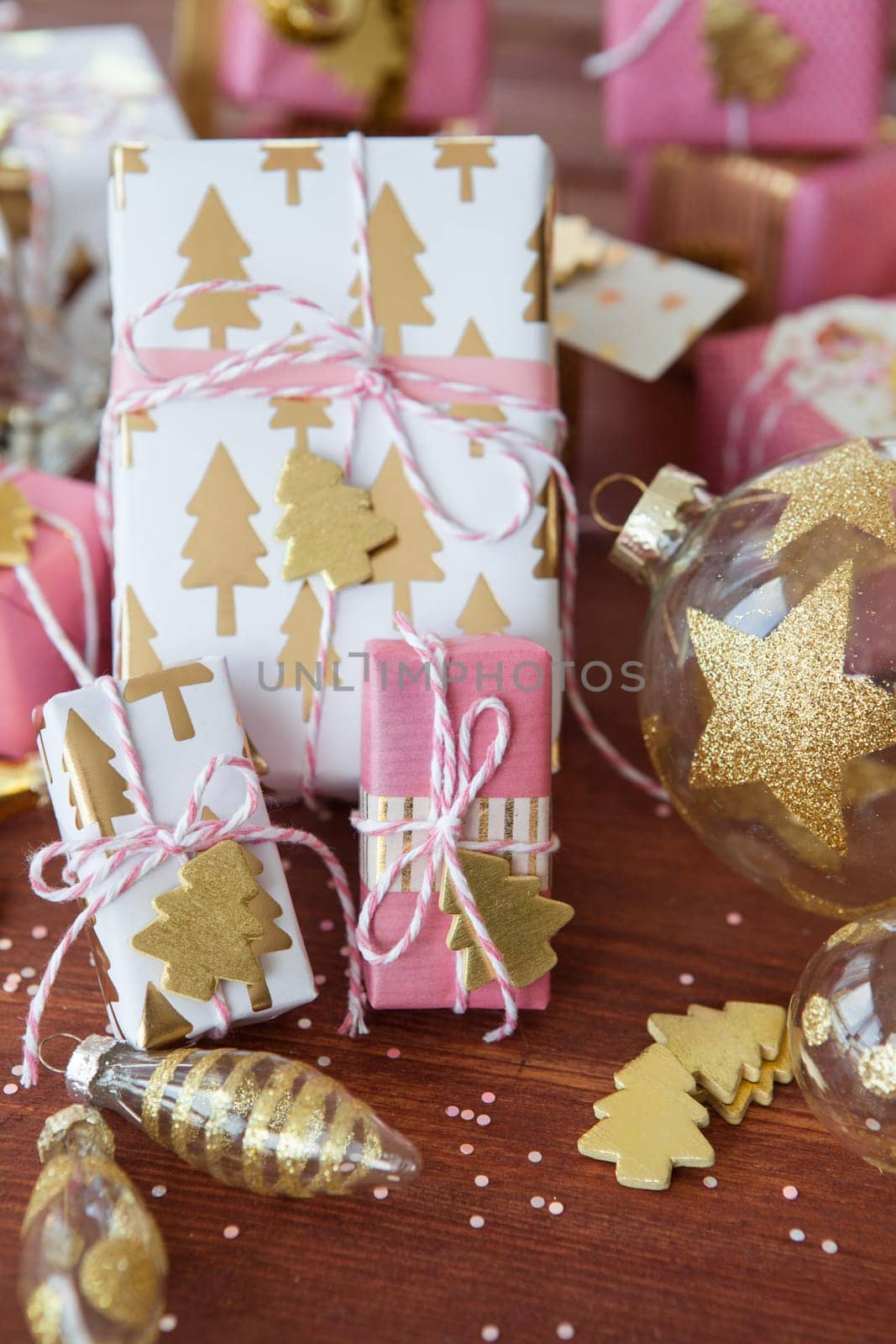 Little presents in festive gift wrapping for christmas