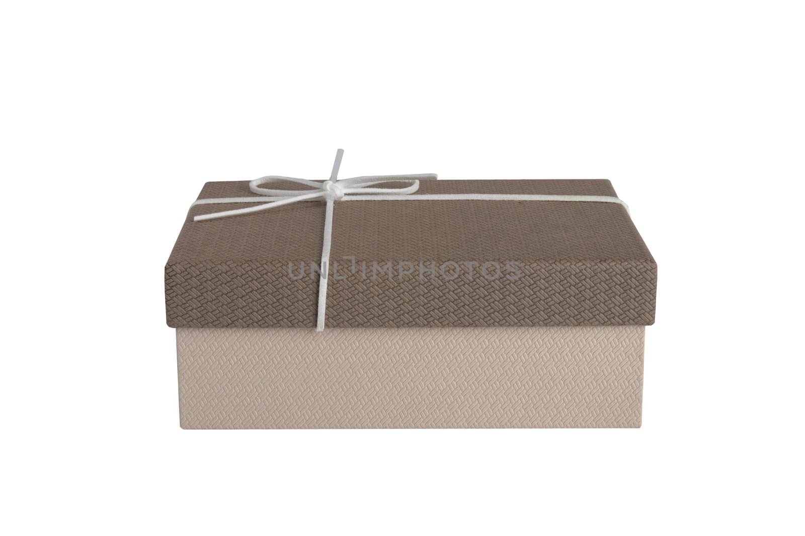 Present or gift box with white ribbon bow isolated on a white background. Birthday, valentine or other holidays.