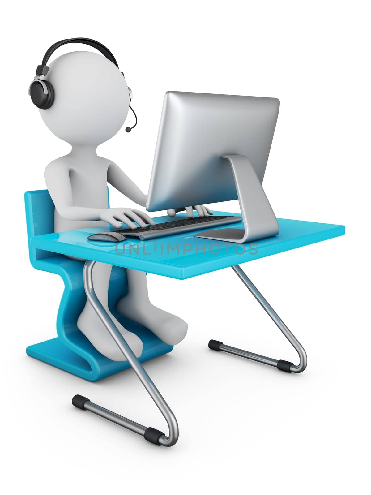 A man in headphones with a microphone sits at a table with a personal computer. 3d rendering.
