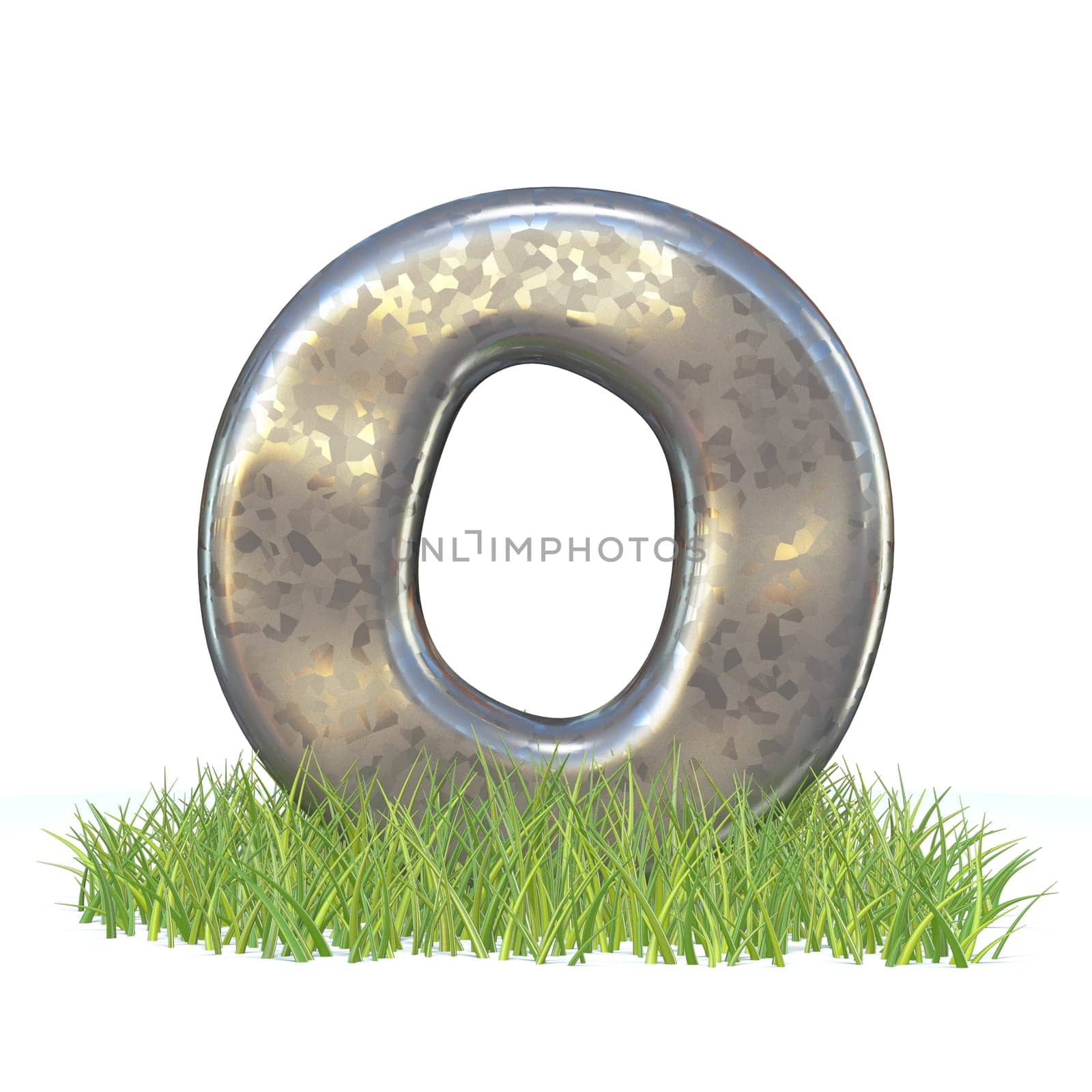 Galvanized metal font Letter O in grass 3D render illustration isolated on white background