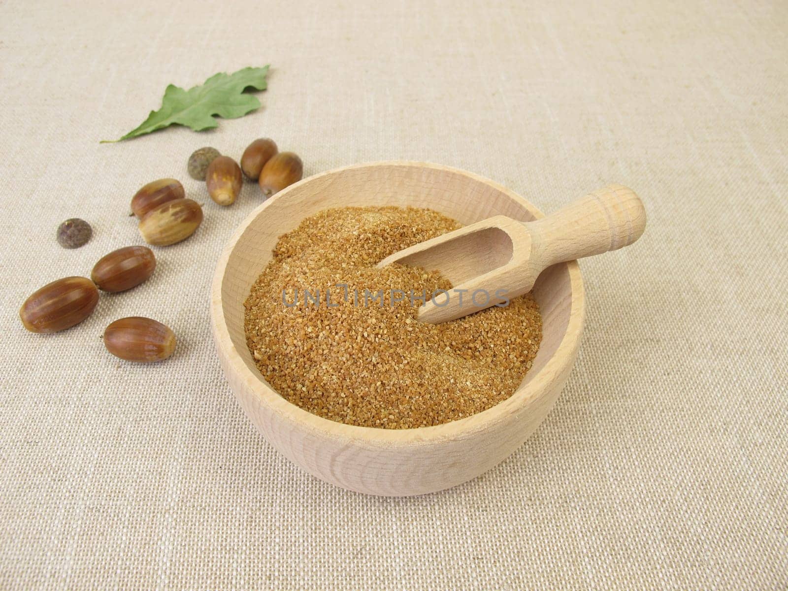 Homemade acorn flour in wooden bowl