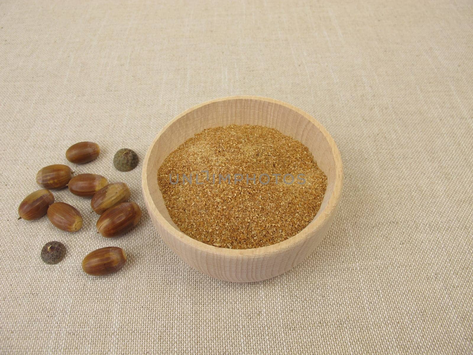 Homemade acorn flour in wooden bowl