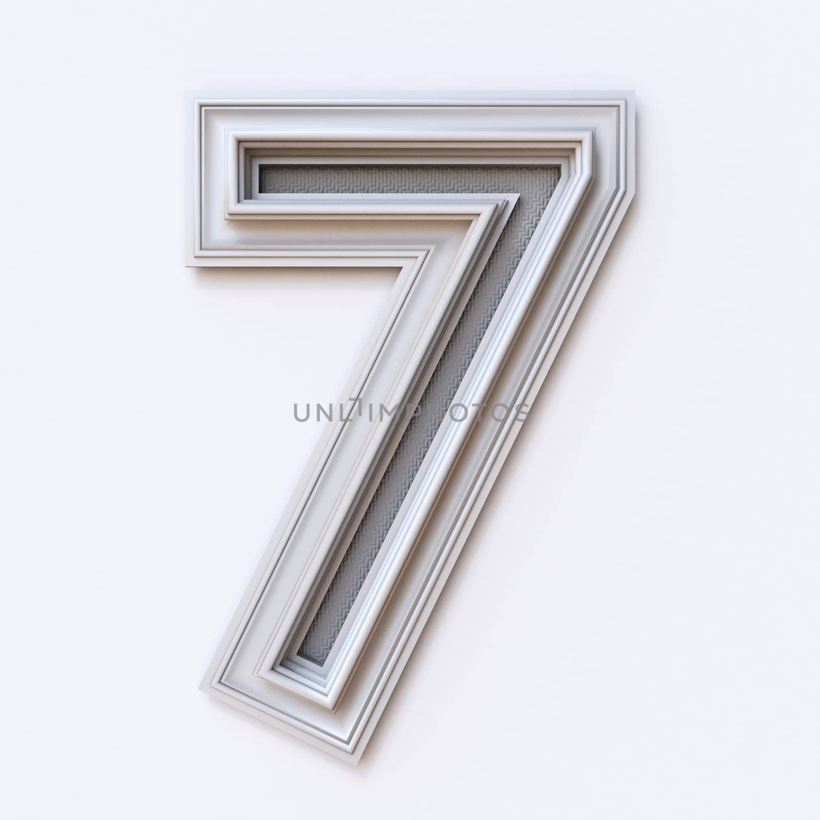 White picture frame font Number 7 SEVEN 3D rendering illustration isolated on white background
