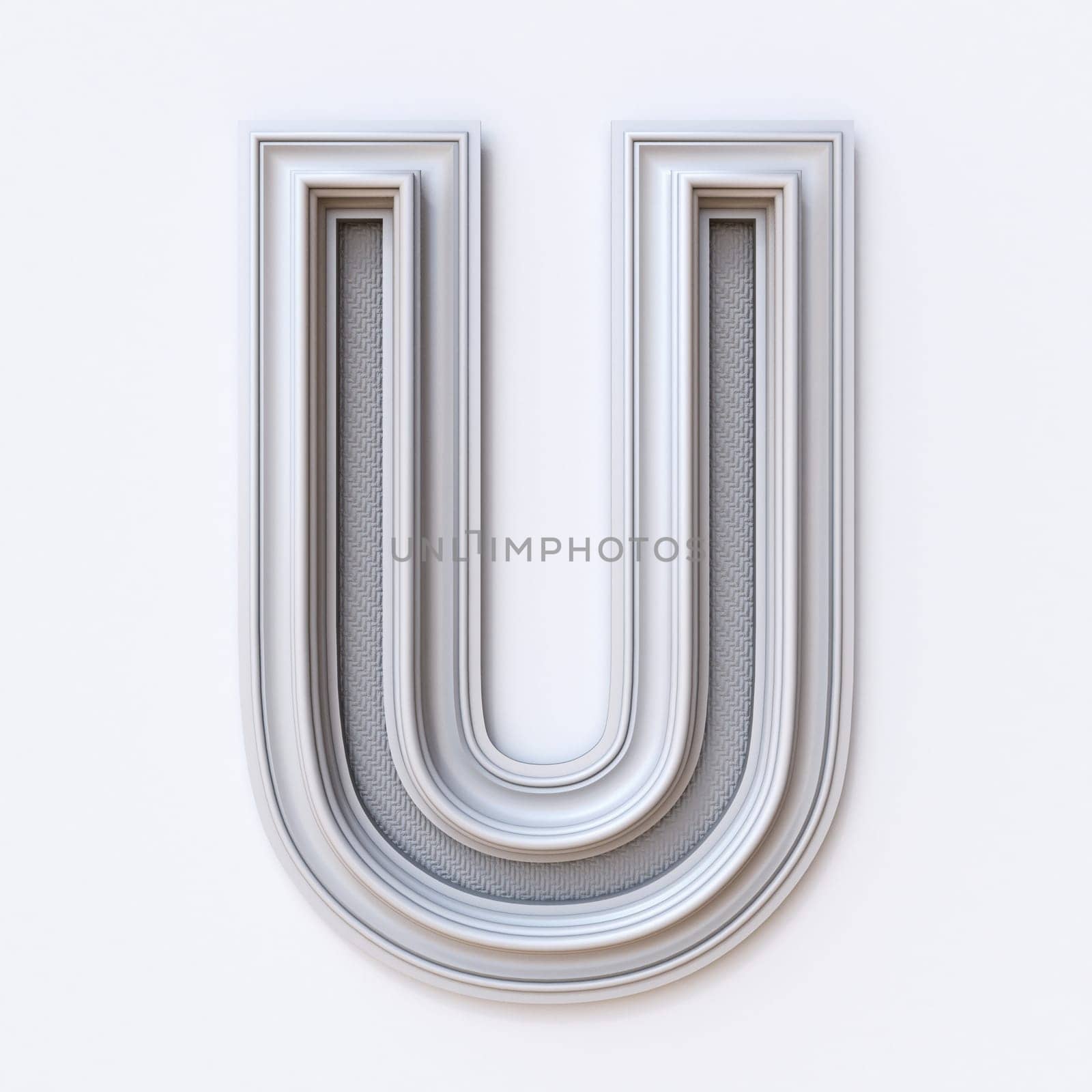White picture frame font Letter U 3D rendering illustration isolated on white background