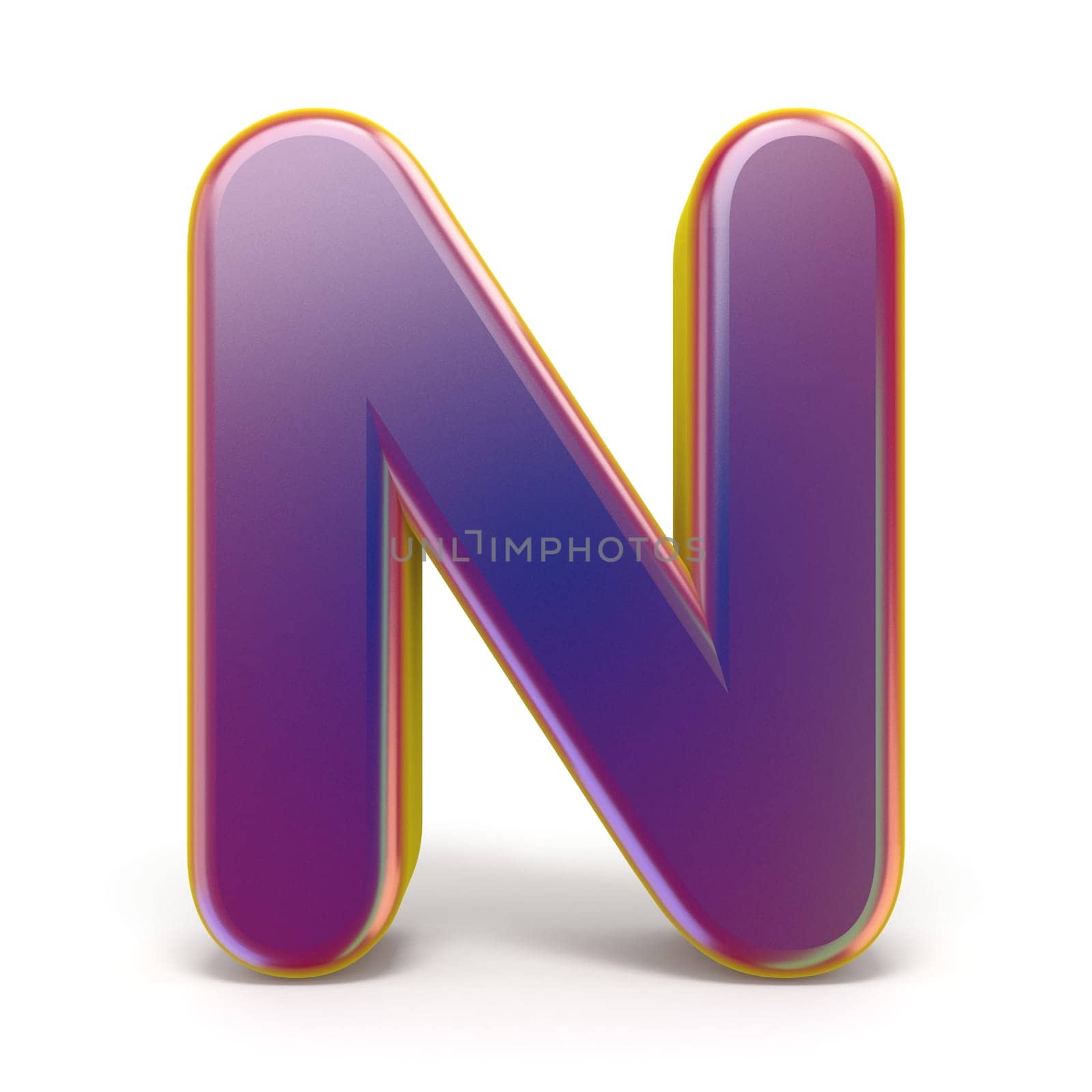 Letter N purple font yellow outlined 3D rendering illustration isolated on white background