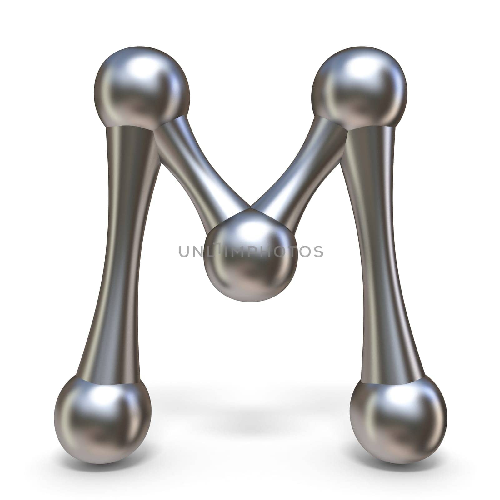 Steel molecular font Letter M 3D render illustration isolated on white background