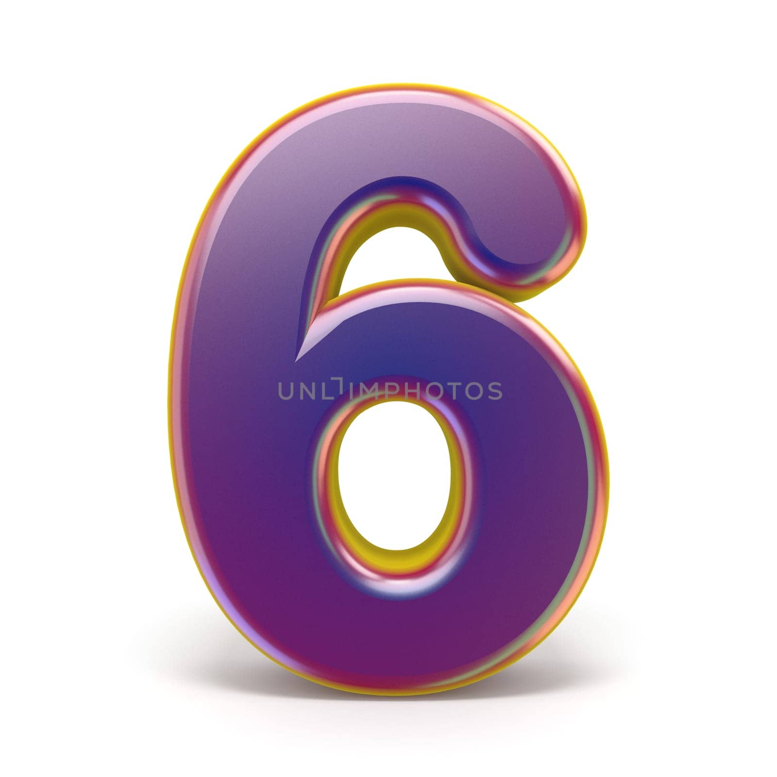 Number SIX 6 purple font yellow outlined 3D rendering illustration isolated on white background