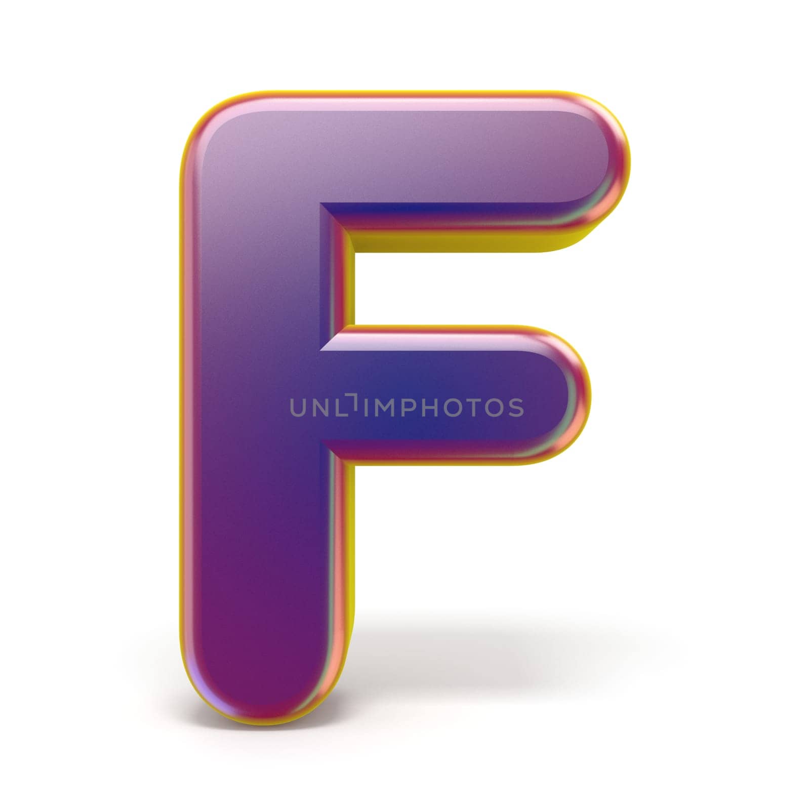 Letter F purple font yellow outlined 3D rendering illustration isolated on white background
