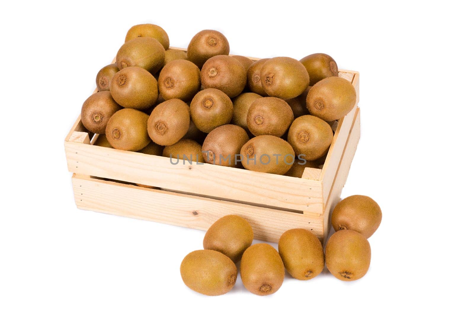 Wooden Box filled with many ripe and fresh Kiwi fruits and othter fruits in front of it isolated on white background