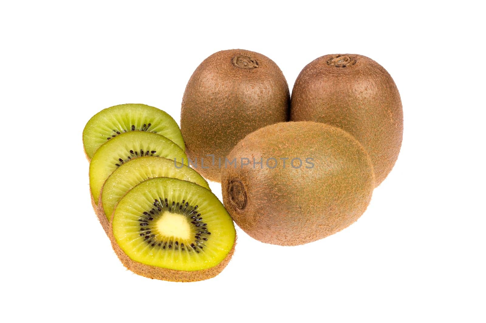 Three whole and sliced ripe and fresh Kiwi fruits isolated on white background