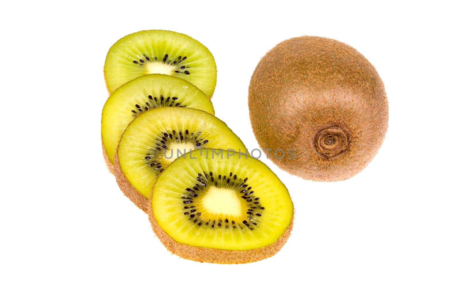 One whole and sliced ripe and fresh Kiwi fruits isolated on white background