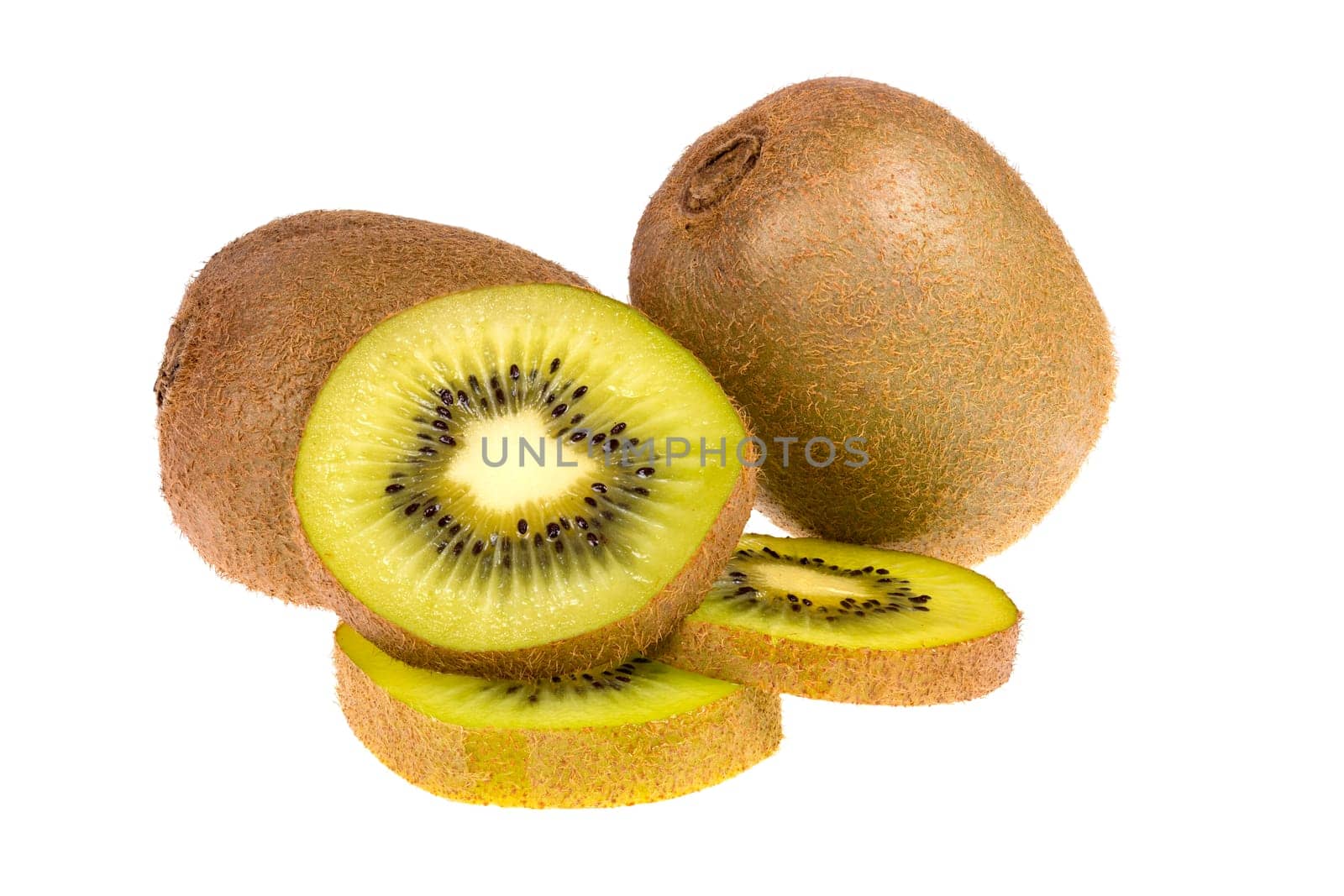 Two whole and sliced ripe and fresh Kiwi fruits isolated on white background