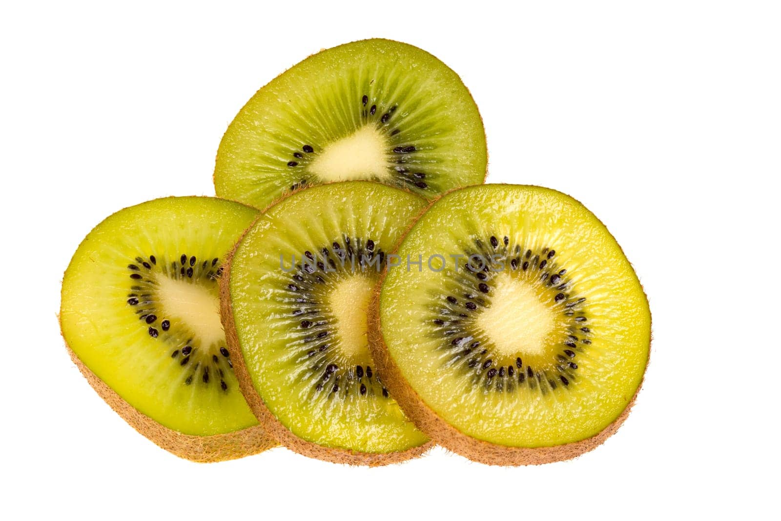 Four slices of ripe and fresh Kiwi fruits isolated on white background