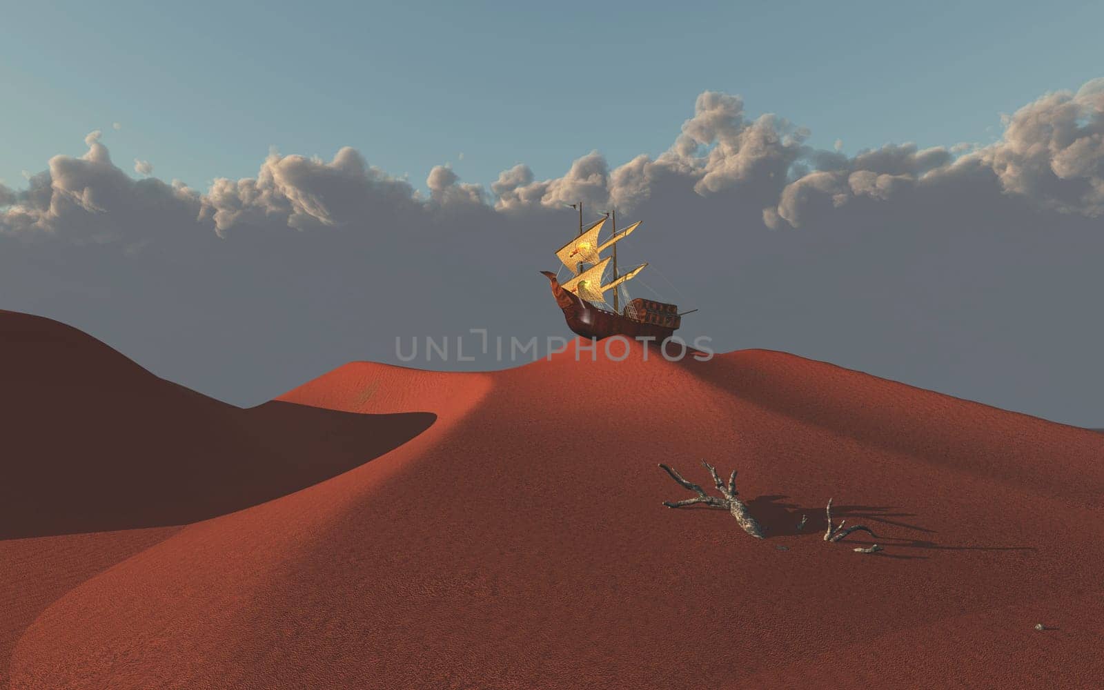 Old sailing ship atop red desert sand dune