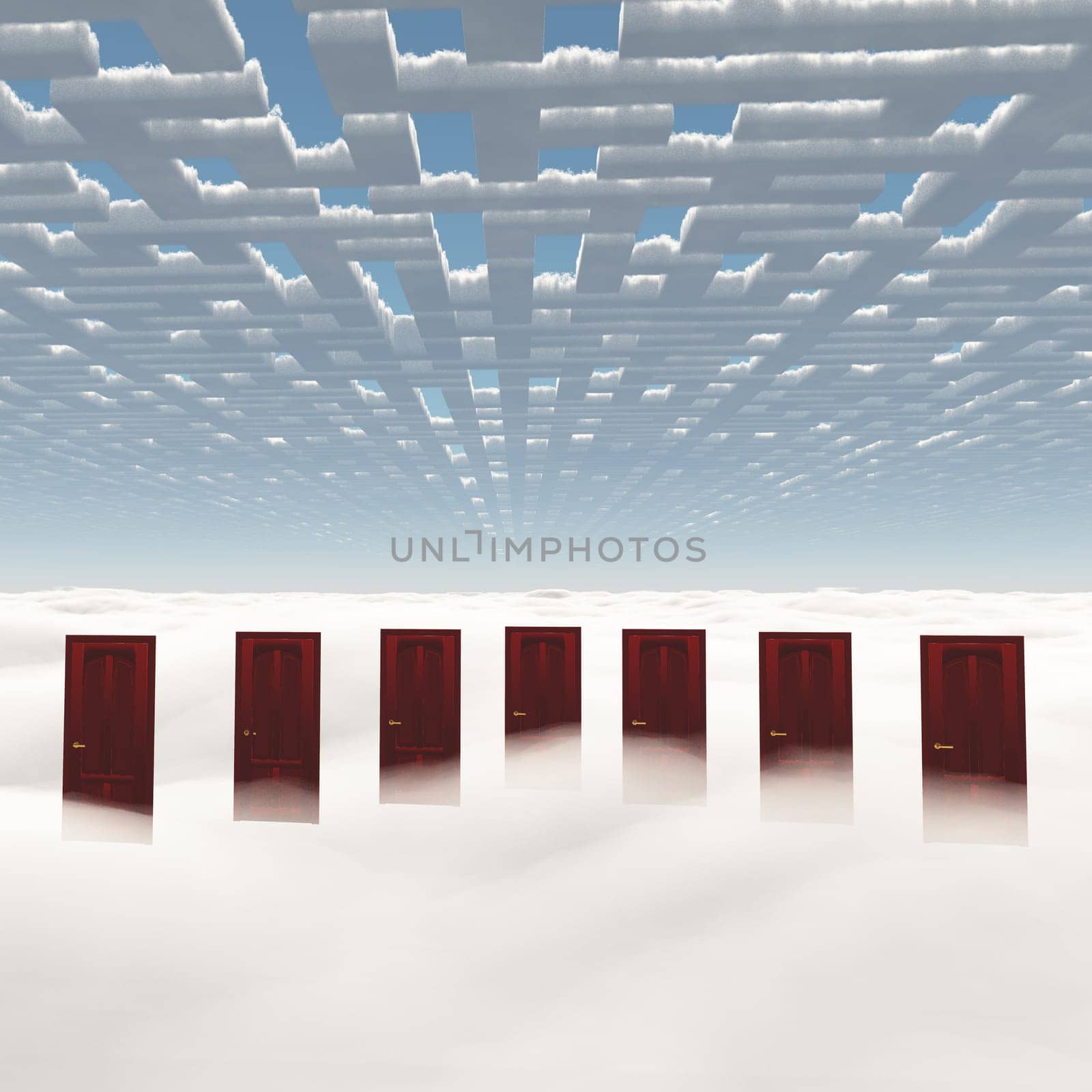 Surrealism. Seven doors in clouds. Maze of clouds in the sky.