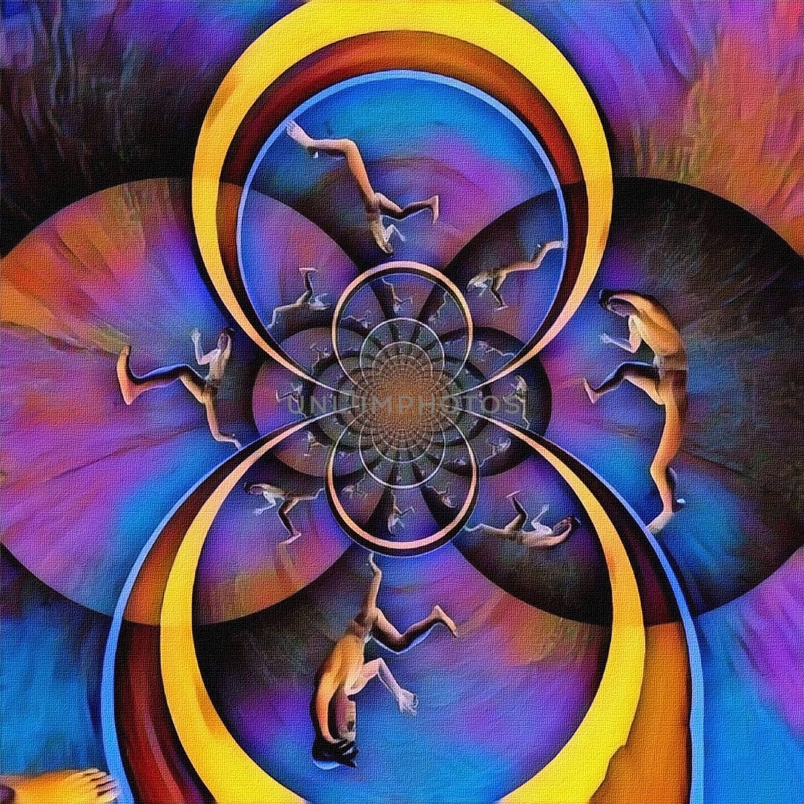 Abstract painting. Mirrored round fractal with figure of running man.