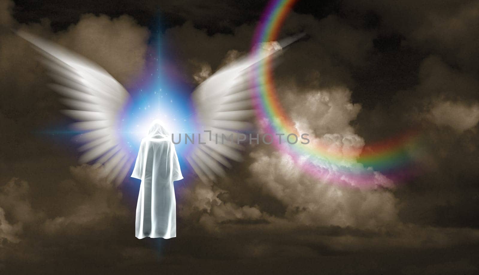 Surrealism. Figure in white cloak stands before shining light with white angel's wings.