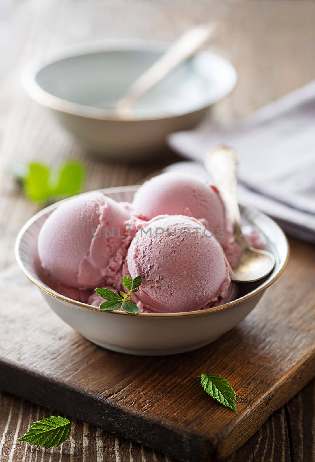 Homemade organic fruit ice cream scoops in bowl