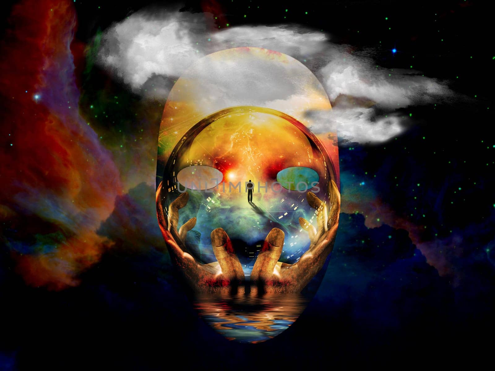 Mask with surreal painting in the space