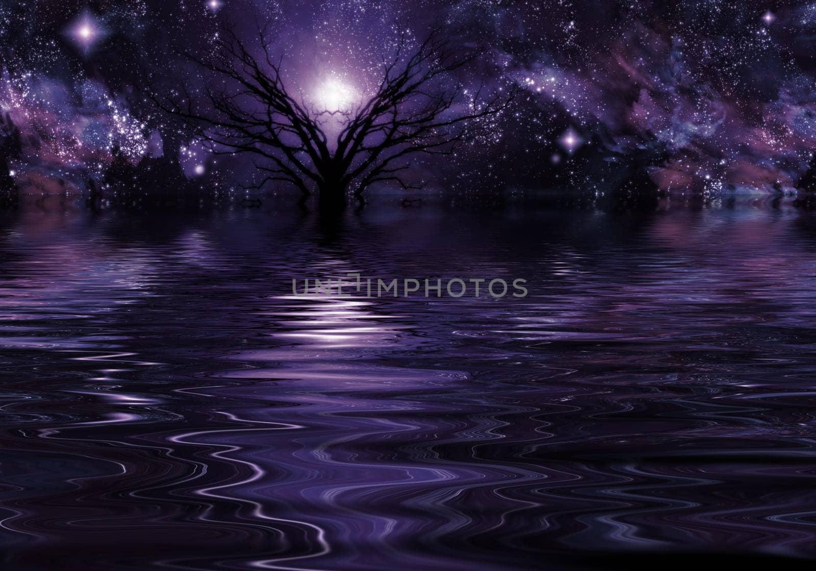 Mystic tree in purple water scene. Bright stars in the sky