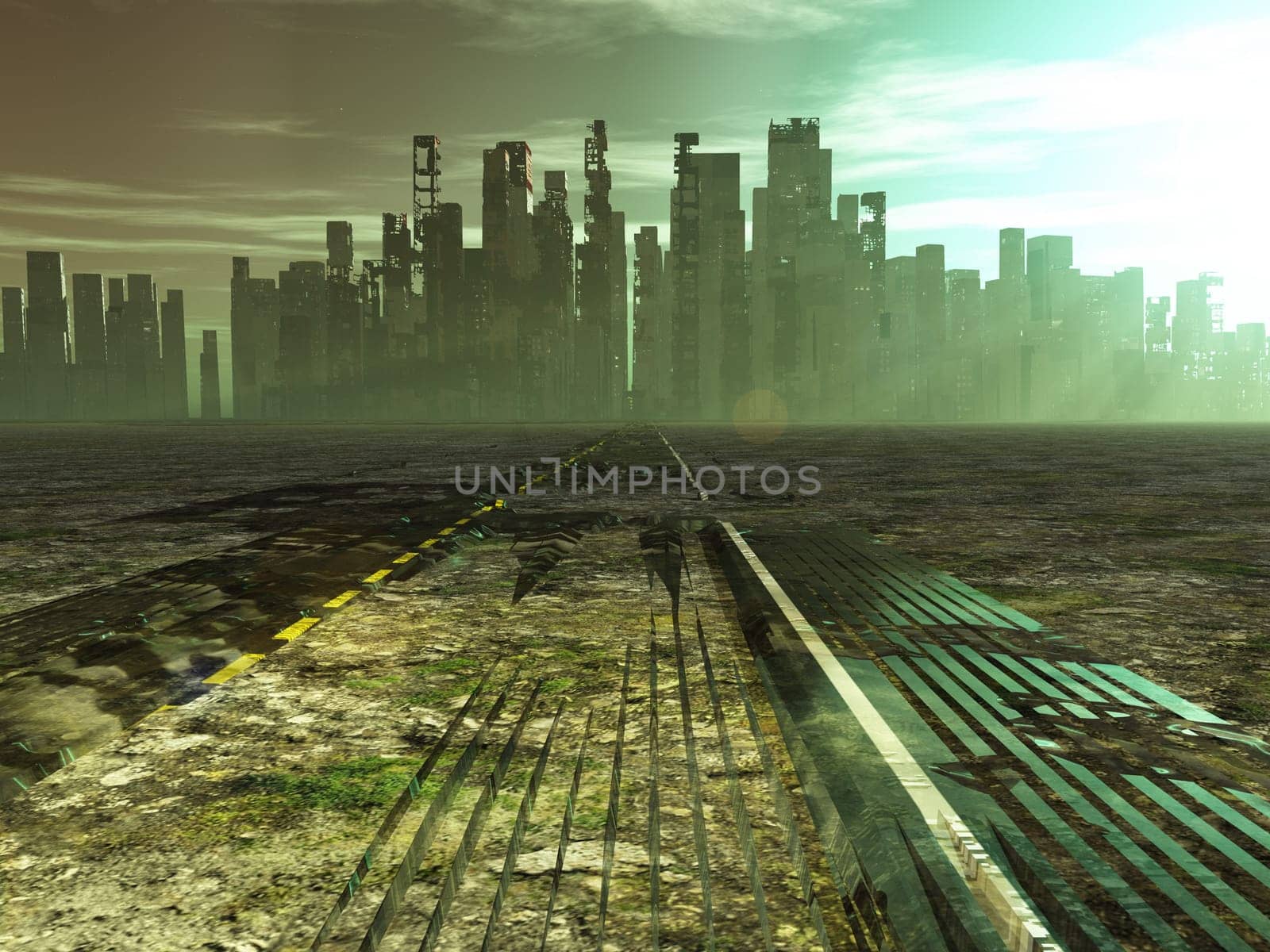 Weathered road leads into abandoned city