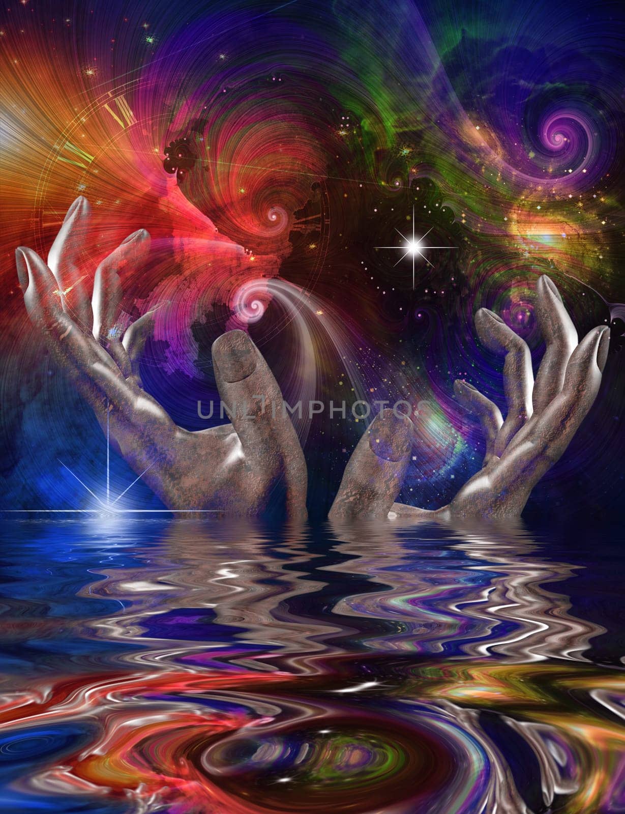 Hands, space and water composition