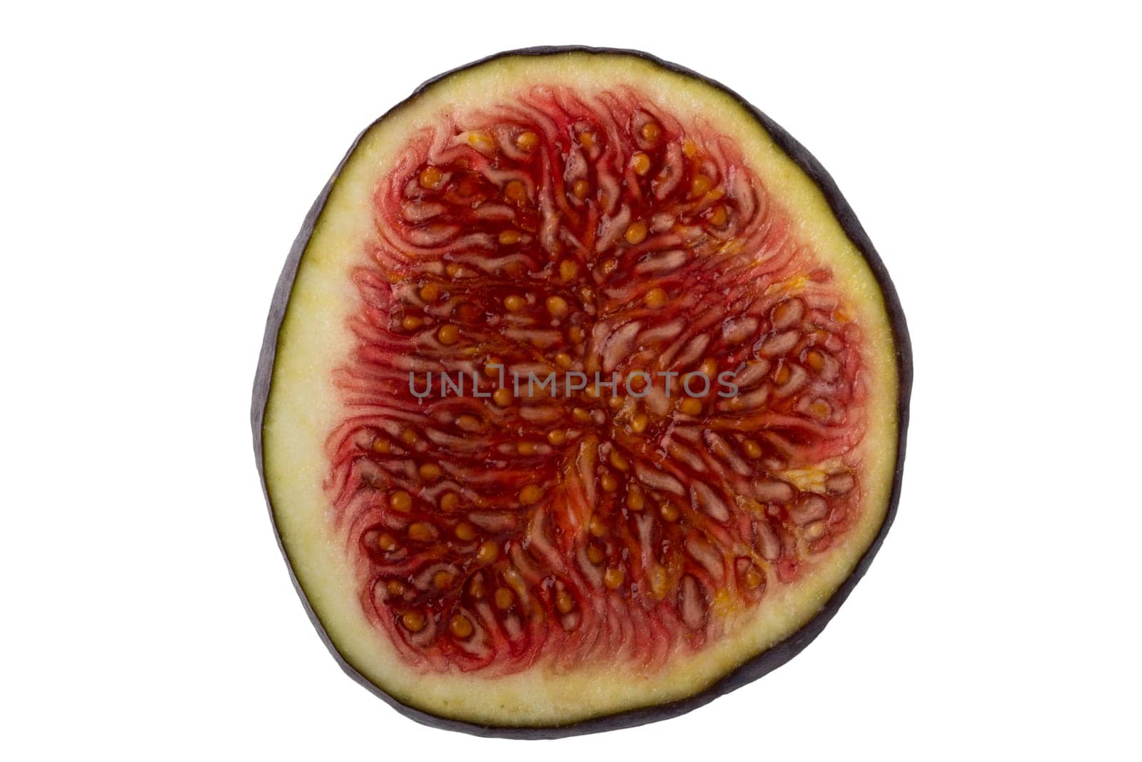 Close-up of a fresh sliced ripe purple fig fruit isolated on a white background. Concept health.