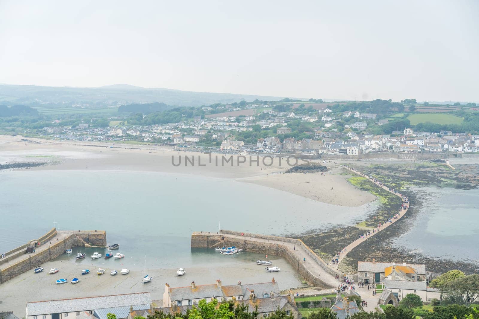 Marazion, England -  May 2018 : Aerial view of a causeway leading to the St Michaels Mount, Marazion, Cornwall